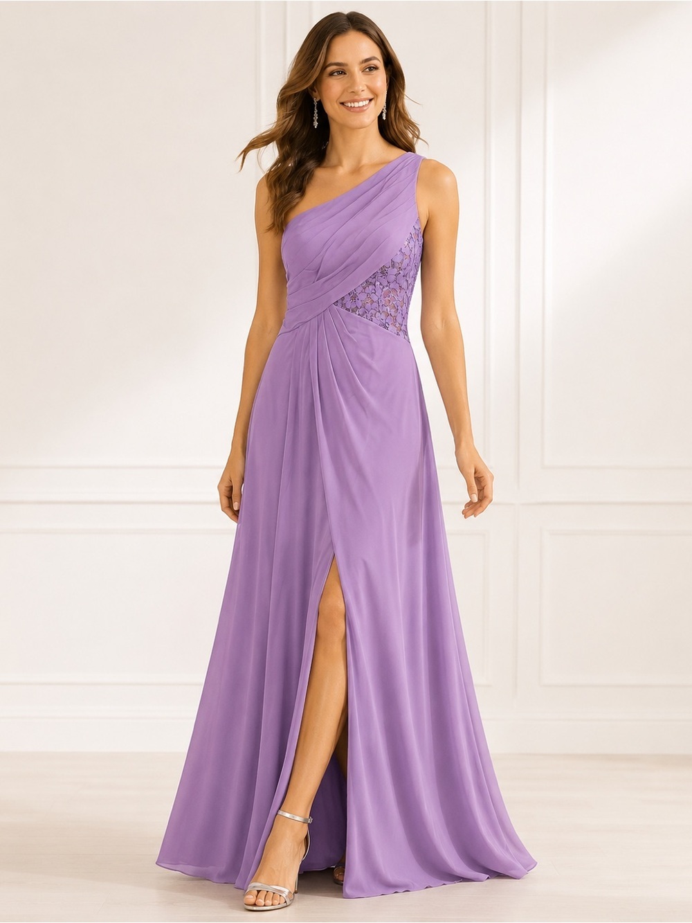 David’s Bridal Lavender One Shoulder Lace Bridesmaid Formal Gown Size 4 - Picture 1 of 10